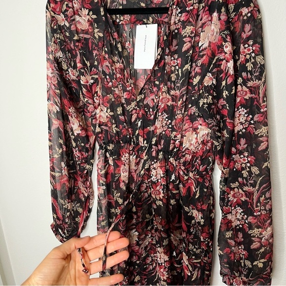 O.P.T. Long Puff Sleeve Floral Cinched Waist V Neck Sheer Maxi Dress Small NWT - Picture 6 of 12